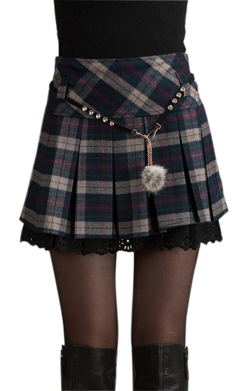 chouyatou Women's A-Line Plaid Wool Blend Pleated Skirt Side Zipper Small Gray - Image 5