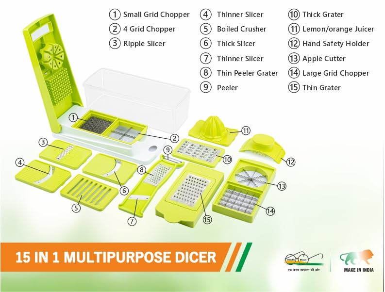 Anshri 15 in 1 Multipurpose Chopper, Fruits & Vegetable Cutters, Grater Peeler Chipser, Unbreakable Food Grade Body, Easy Push to Clean Button Slicer Dicer, Chopper for Kitchen (Green, Plastic) - Image 3