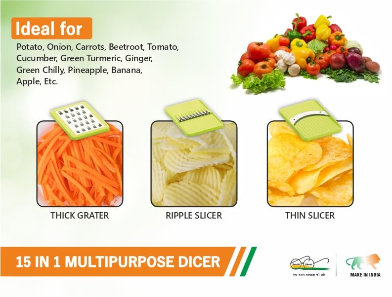 Anshri 15 in 1 Multipurpose Chopper, Fruits & Vegetable Cutters, Grater Peeler Chipser, Unbreakable Food Grade Body, Easy Push to Clean Button Slicer Dicer, Chopper for Kitchen (Green, Plastic) - Image 4