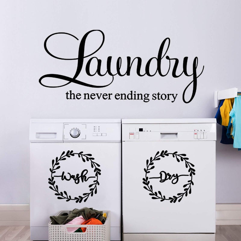 Zonon Laundry Room Vinyl Wall Decal Wash Dry Vinyl Laundry Stickers Laundry The Never Ending Story Decal Washer Stickers Quote Wall Art Stickers for Home Apartment Washing Machine (Black Printing) - Image 1