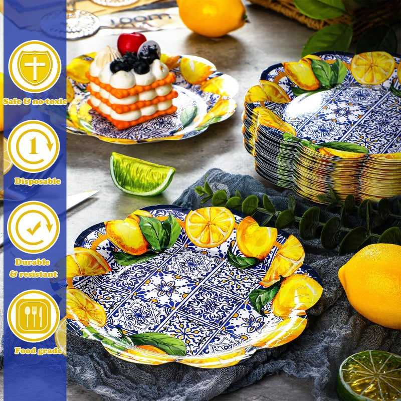 Suttmin 100 Pcs Capri Lemon Paper Plates Disposable Dessert Baby Bridal Shower Party Supplies Floral Dessert Plates Bulk Birthday Tea Party Serving Tray for Wedding Birthday - Image 1