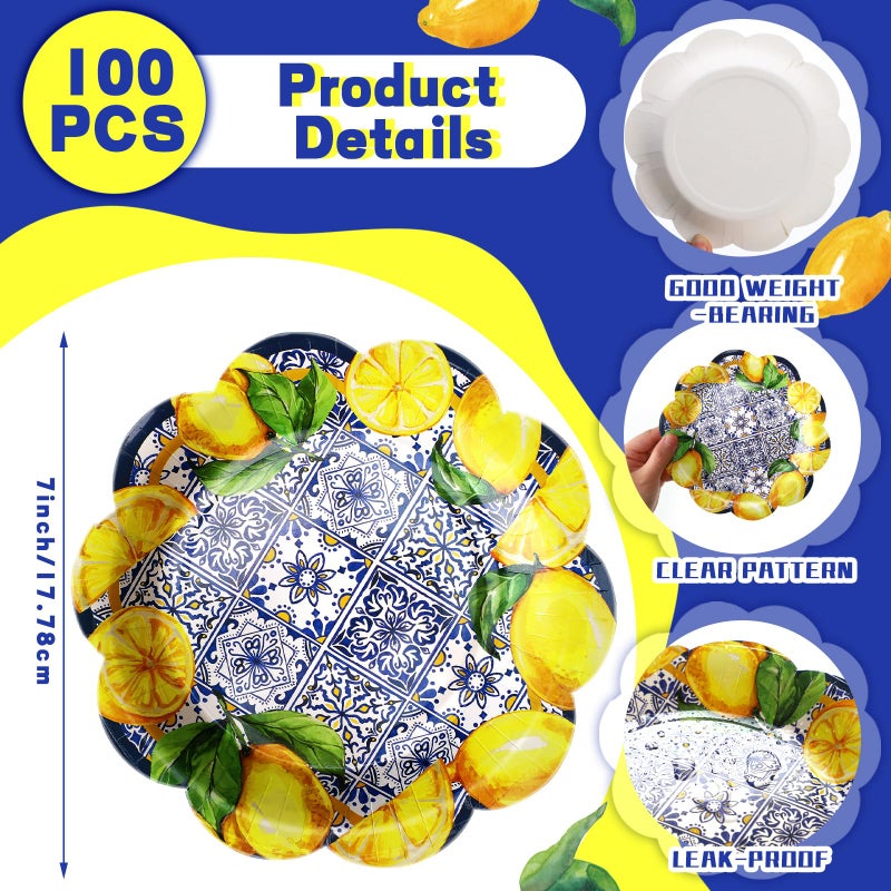 Suttmin 100 Pcs Capri Lemon Paper Plates Disposable Dessert Baby Bridal Shower Party Supplies Floral Dessert Plates Bulk Birthday Tea Party Serving Tray for Wedding Birthday - Image 3