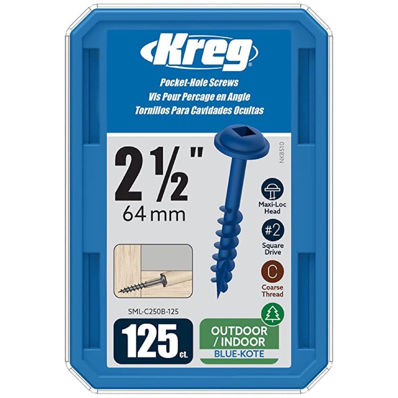 Kreg Sml-C250B-125 Blue Kote  Pocket Screws  2 1/2 Inch  8 Coarse Thread  Maxi-Loc Head (125 Count) - Image 1