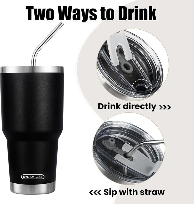 DS 30 oz Black Tumbler Stainless Steel Double Wall Vacuum Insulated Mug with Straw and Lid, Cleaning Brush for Cold and Hot Beverages - Image 3