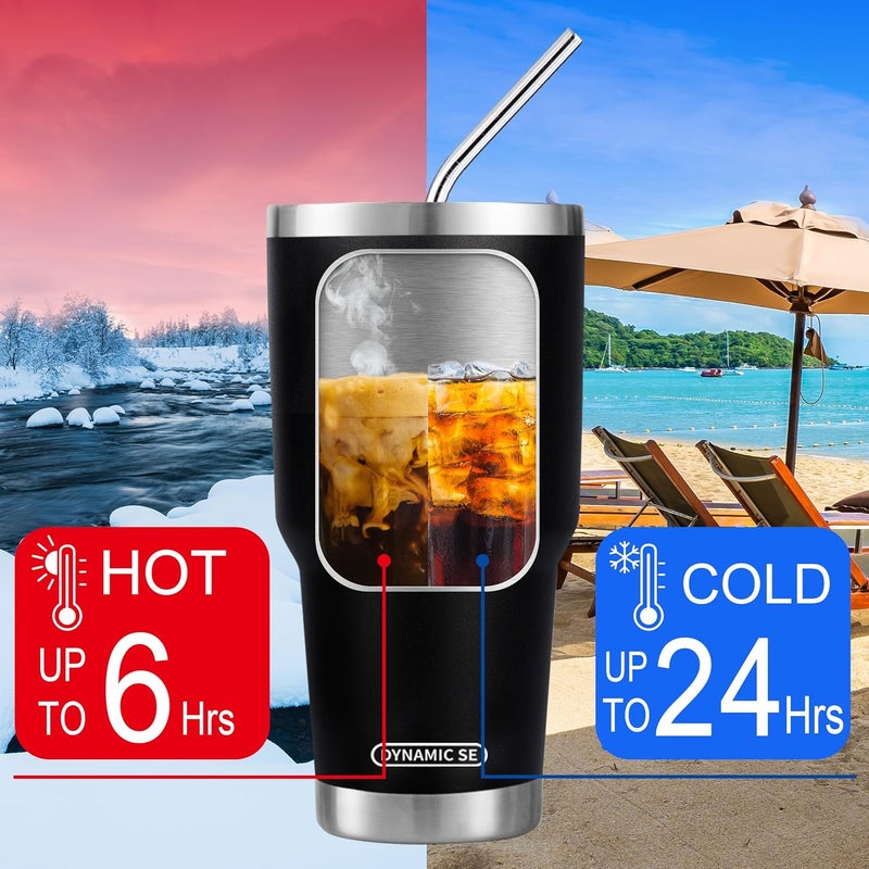 DS 30 oz Black Tumbler Stainless Steel Double Wall Vacuum Insulated Mug with Straw and Lid, Cleaning Brush for Cold and Hot Beverages - Image 4