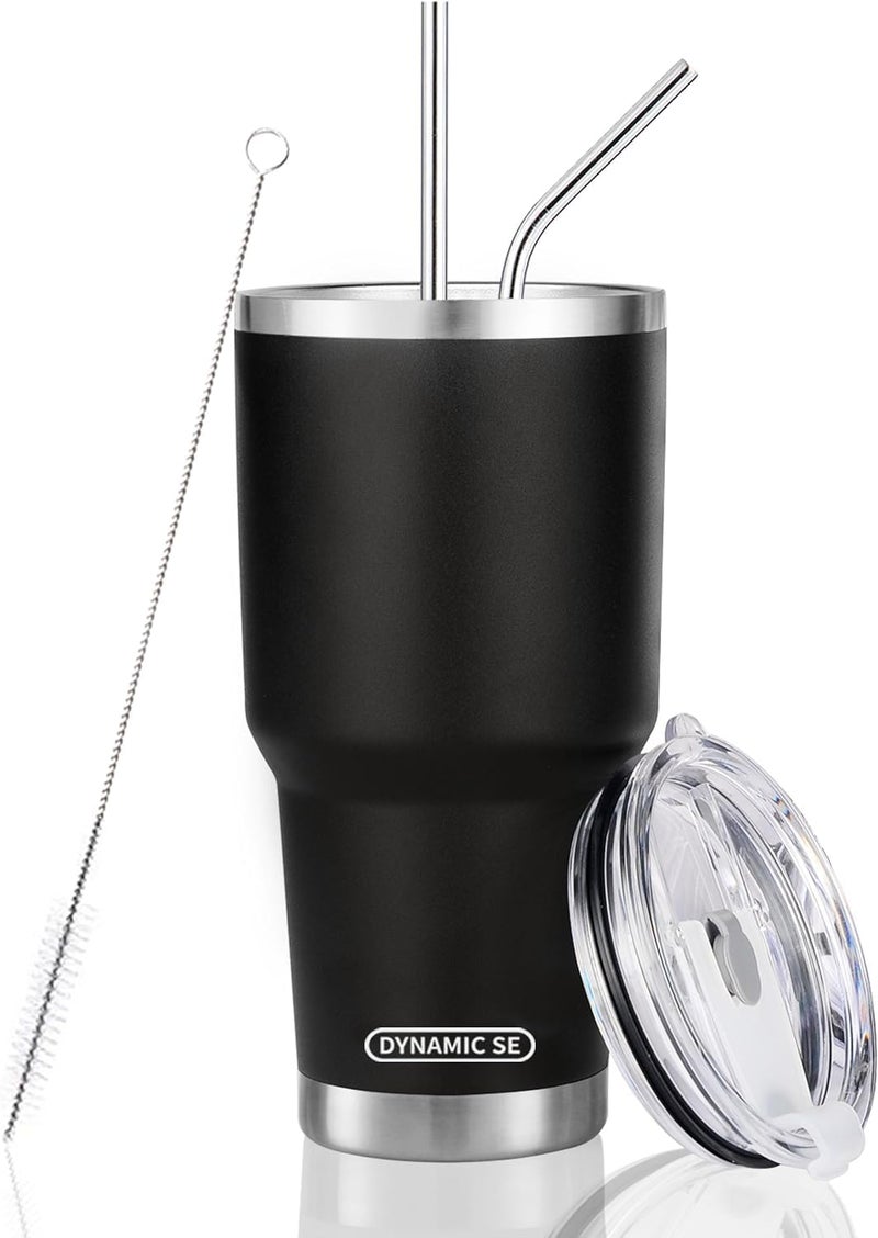 DS 30 oz Black Tumbler Stainless Steel Double Wall Vacuum Insulated Mug with Straw and Lid, Cleaning Brush for Cold and Hot Beverages - Image 1