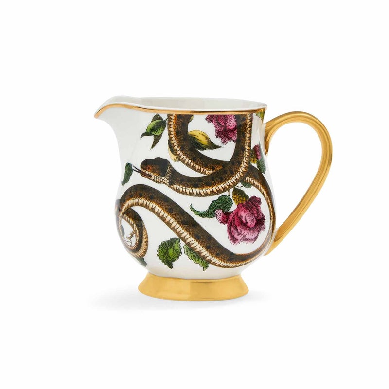 Spode Spode Creatures of Curiosity Collection Creamer with Gold Handle and Snake Motif 10Ounce Small Creamer Pitcher for Sauces Salad Dressing Coffee and Milk 