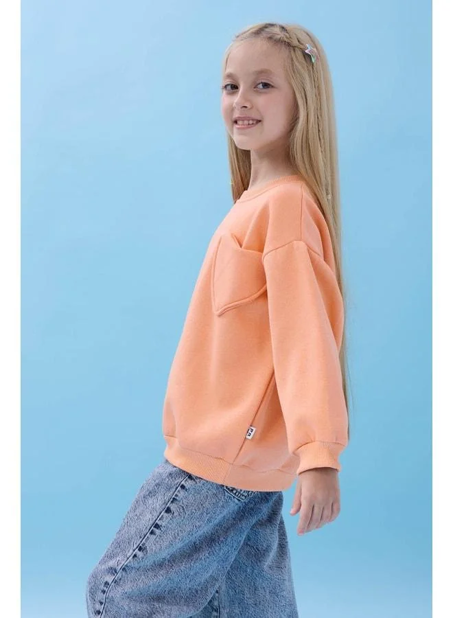 Perendi Girl's Heart Pocket Detailed Balloon Sleeve Sherpa Sweatshirt - Peach.