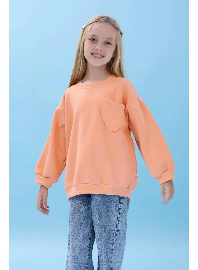Perendi Girl's Heart Pocket Detailed Balloon Sleeve Sherpa Sweatshirt - Peach.