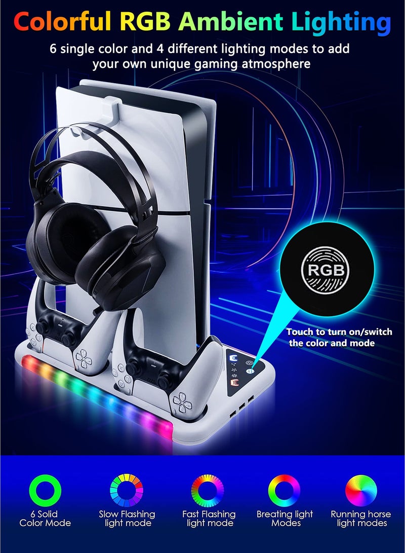 DOBE Cooling Stand for PS5 Regular PS5 PRO/Slim Console Disk/Digital with 3 Levels Fan RGB LED, Dual Controller Charging Station Compatible for Playstation 5 Accessories,Headset Holder, 13 Game Disk Stand - Image 2