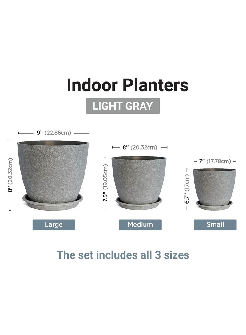 VGROW PRIME Plant Pots, 9/8/7 Inches Large Indoor Planters with Drainage Holes and Tray, Modern Flowerpot 4mm Plastic (3Pcs Set, Light Grey) - Image 5