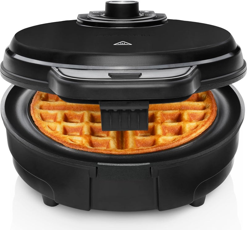 Chefman Anti-Overflow Belgian Waffle Maker w/Shade Selector, Temperature Control, Mess Free Moat, Round Iron w/Nonstick Plates & Cool Touch Handle, Measuring Cup Included, Black - Image 1