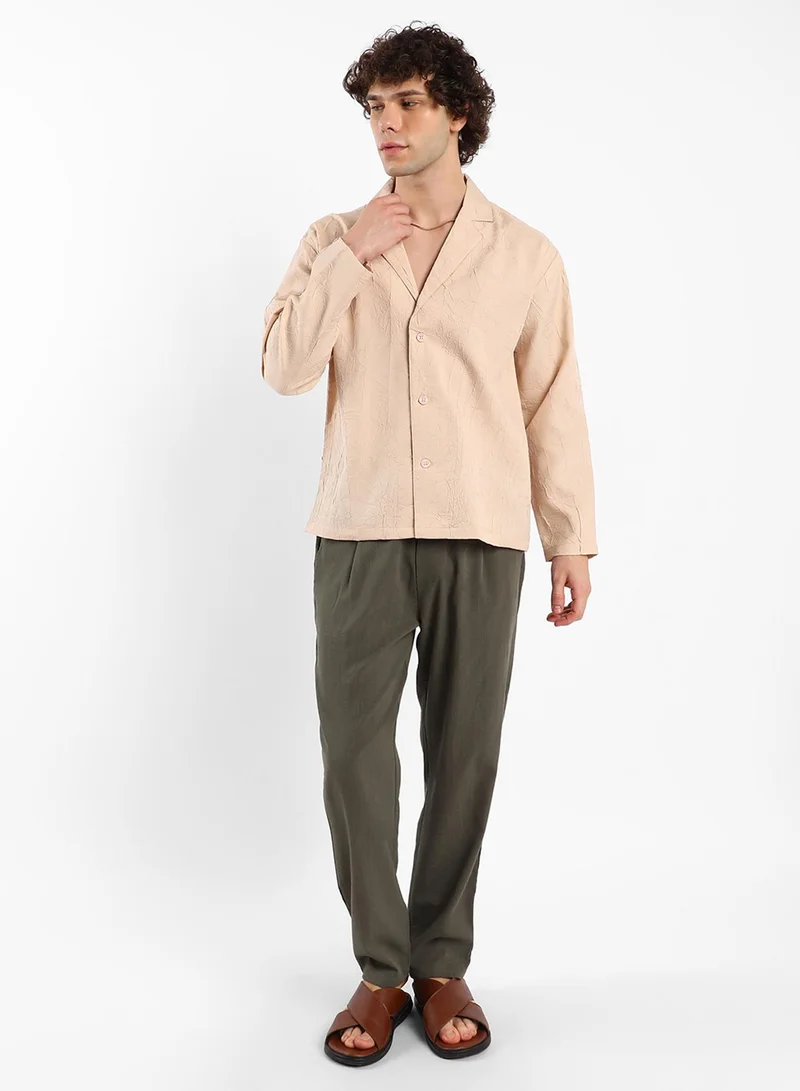 Campus Sutra Men's Buff Beige Wrinked Korean Oversized Shirt