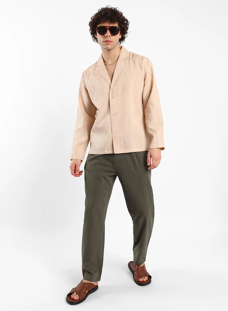 Campus Sutra Men's Buff Beige Wrinked Korean Oversized Shirt