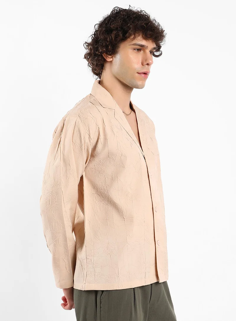 Campus Sutra Men's Buff Beige Wrinked Korean Oversized Shirt