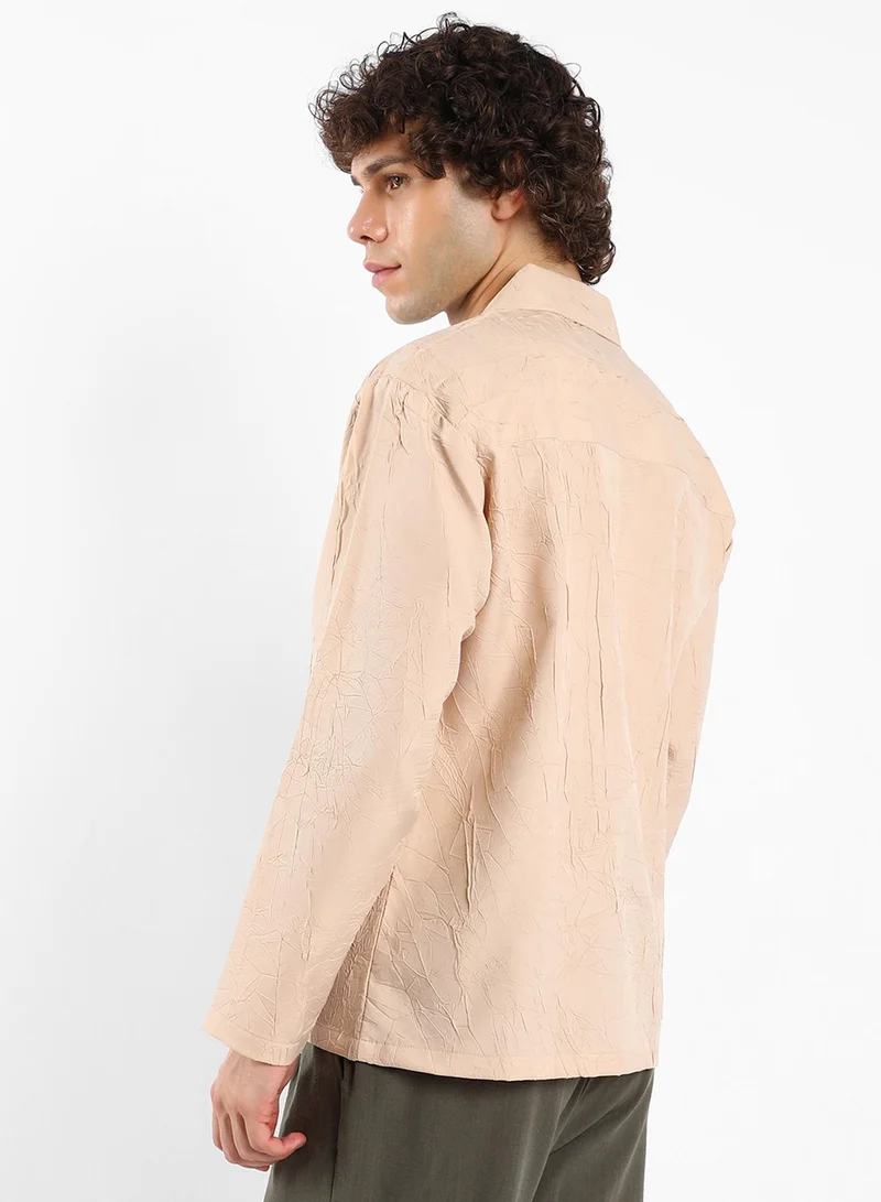 Campus Sutra Men's Buff Beige Wrinked Korean Oversized Shirt