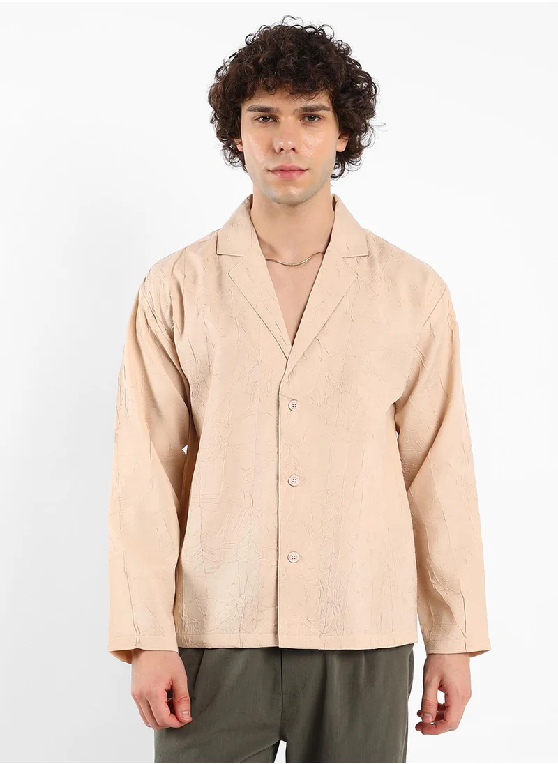 كامبوس سوترا Men's Buff Beige Wrinked Korean Oversized Shirt