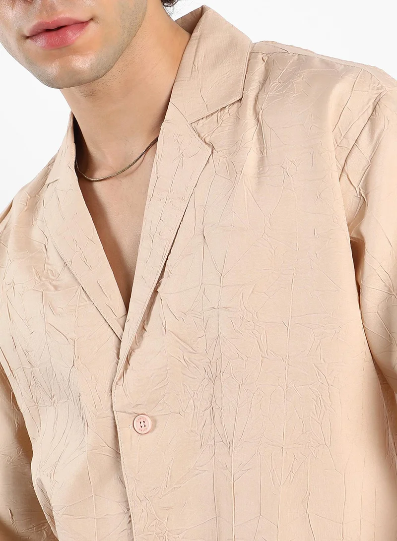 Campus Sutra Men's Buff Beige Wrinked Korean Oversized Shirt