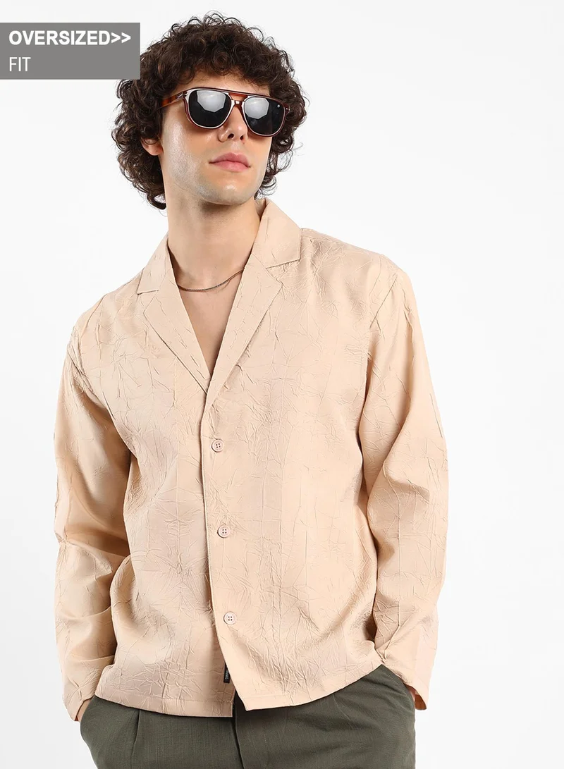 Campus Sutra Men's Buff Beige Wrinked Korean Oversized Shirt