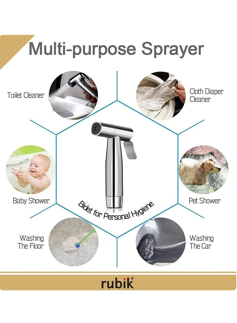 Rubik Bidet Spray Shower Handheld Sprayer for Toilet, Stainless Steel 1.5M Head Hose and Holder for Self Cleaning Muslim Shattaf Pipe Set Perfect for Bathroom Cloth Diaper Washing - Image 4
