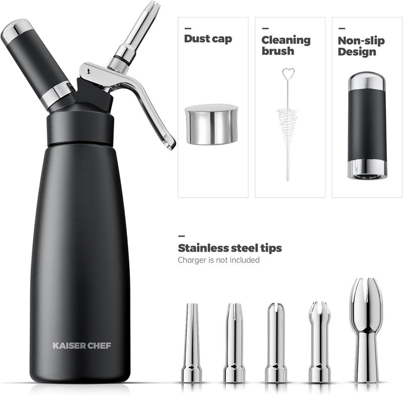 Kaiser chef Professional Aluminum Whipped Cream Dispenser - 500 mL/1 Pint,Whipped Cream Maker Canister with 5 Decorating Nozzles & Cleaning Brush - Need To Use N2O Chargers (Not Included) (Black, 500ml) - Image 3