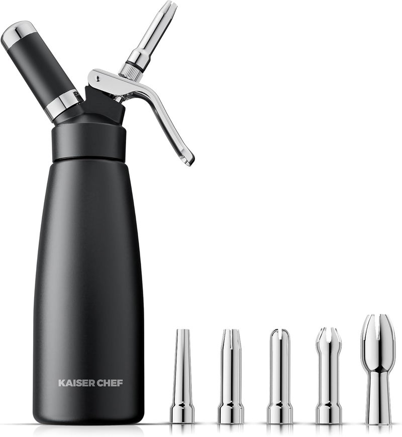 Kaiser chef Professional Aluminum Whipped Cream Dispenser - 500 mL/1 Pint,Whipped Cream Maker Canister with 5 Decorating Nozzles & Cleaning Brush - Need To Use N2O Chargers (Not Included) (Black, 500ml) - Image 1