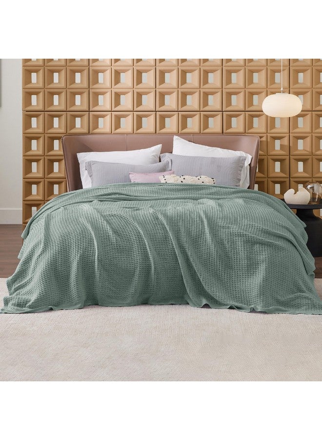 Bedsure Bedsure 100% Cotton Blanket Queen Size for Bed - Breathable and Soft, Waffle Weave Blanket for Summer Spring, Sage Green, 90x90 Inches  - Image 2