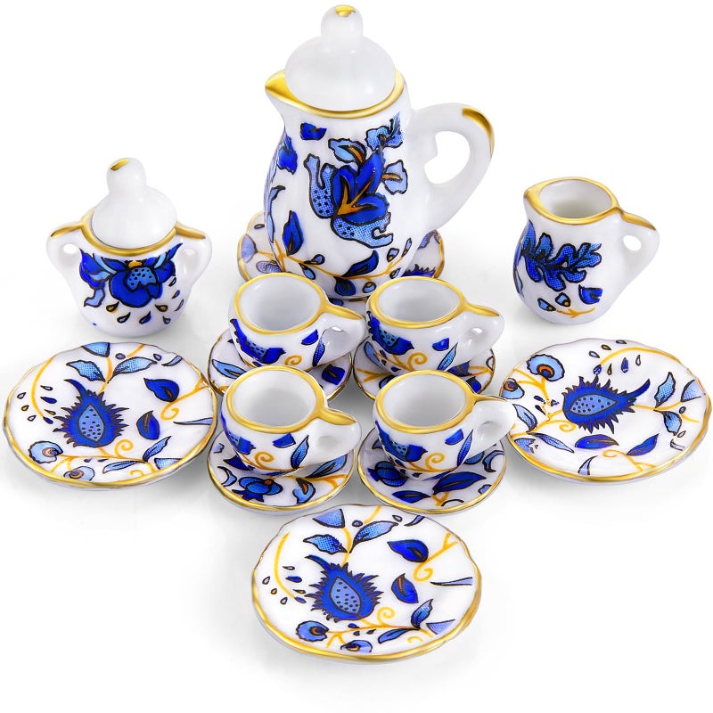 Sumind 15 Pieces Miniature Porcelain Tea Cup Set Kitchen Miniature Porcelain Set Mini Flower Pattern Teapot Cup Plates Kitchen AccessoriesRetro Flower Style - Image 2
