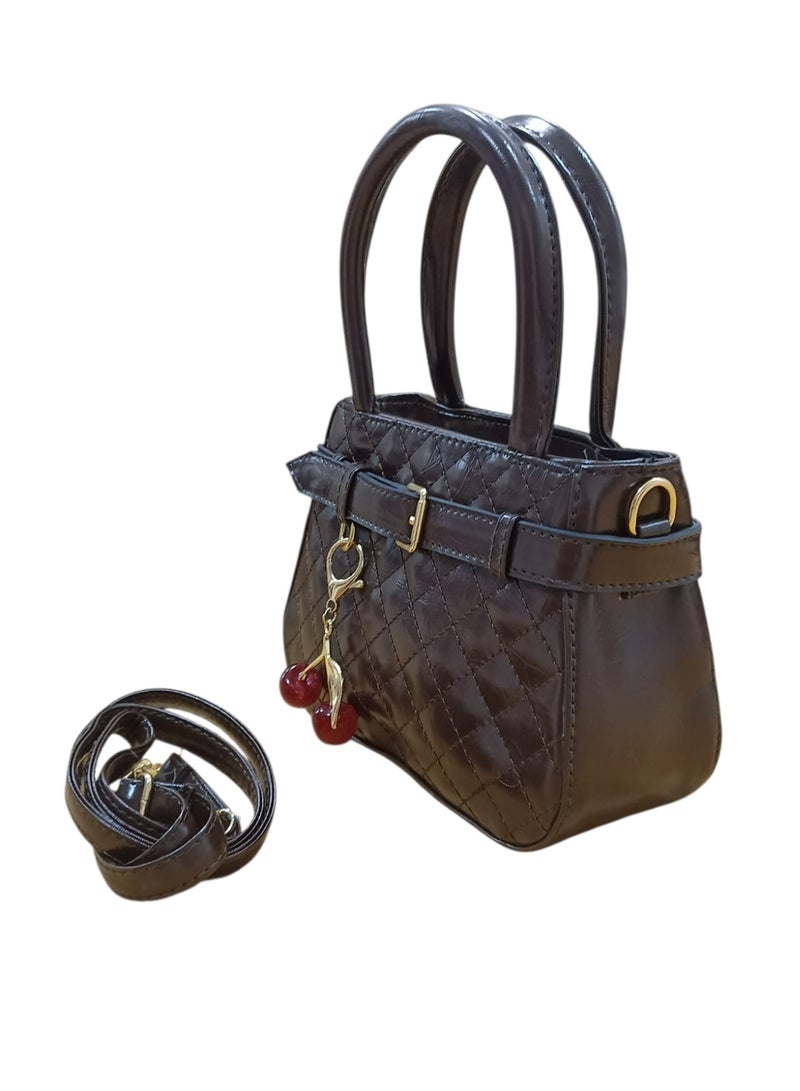 Women’s Shiny PU Leather Crossbody Bag – Stylish Small Single Pocket Shoulder Bag with Cherry Keychain - Image 1