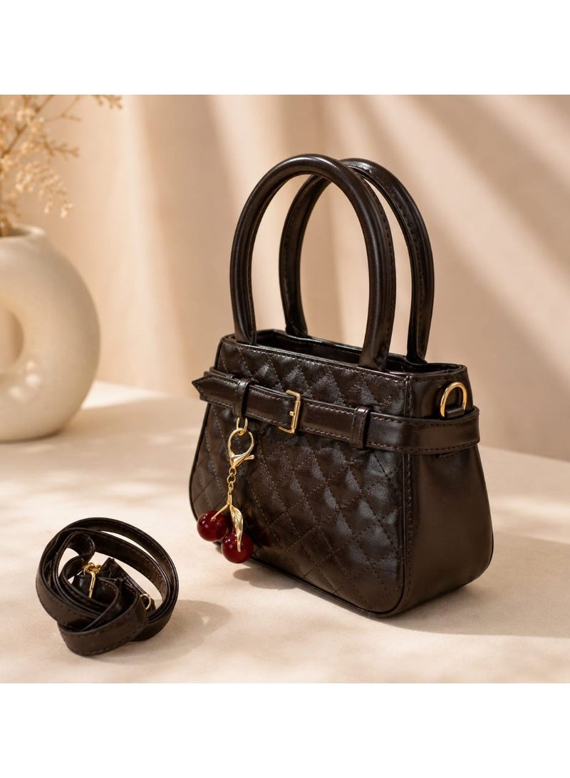 Women’s Shiny PU Leather Crossbody Bag – Stylish Small Single Pocket Shoulder Bag with Cherry Keychain - Image 1