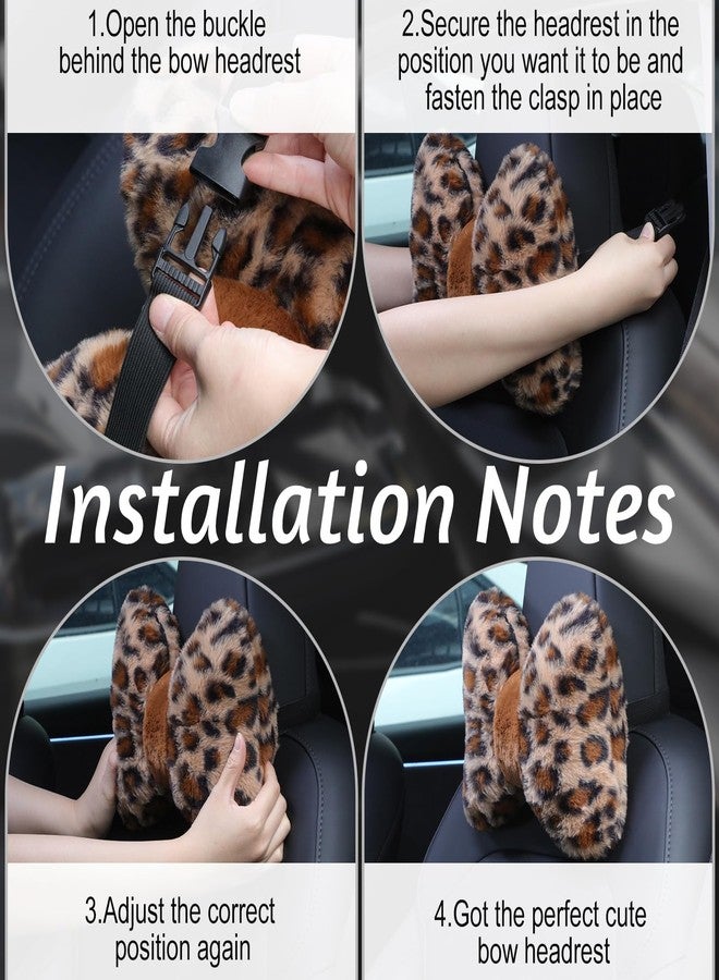 Macarrie 2 Pcs Car Neck Pillow Velvet Bow Headrest Pillow Soft Comfortable Seat Neck Support Cute Bow Car Accessories for Driving Travel Driver Chair Girl Style Interior Decor (Leopard) - Image 3