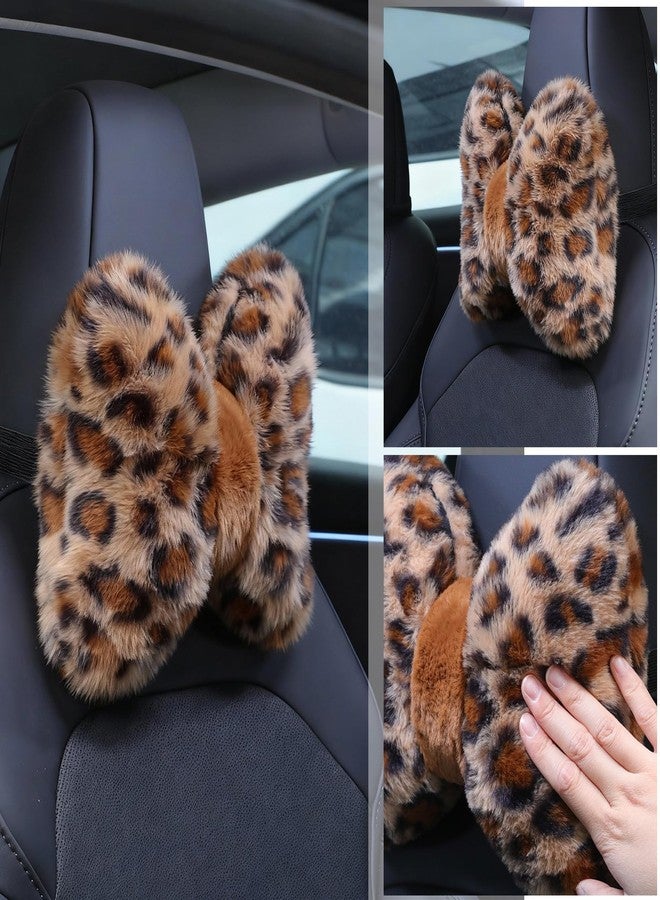 Macarrie 2 Pcs Car Neck Pillow Velvet Bow Headrest Pillow Soft Comfortable Seat Neck Support Cute Bow Car Accessories for Driving Travel Driver Chair Girl Style Interior Decor (Leopard) - Image 5