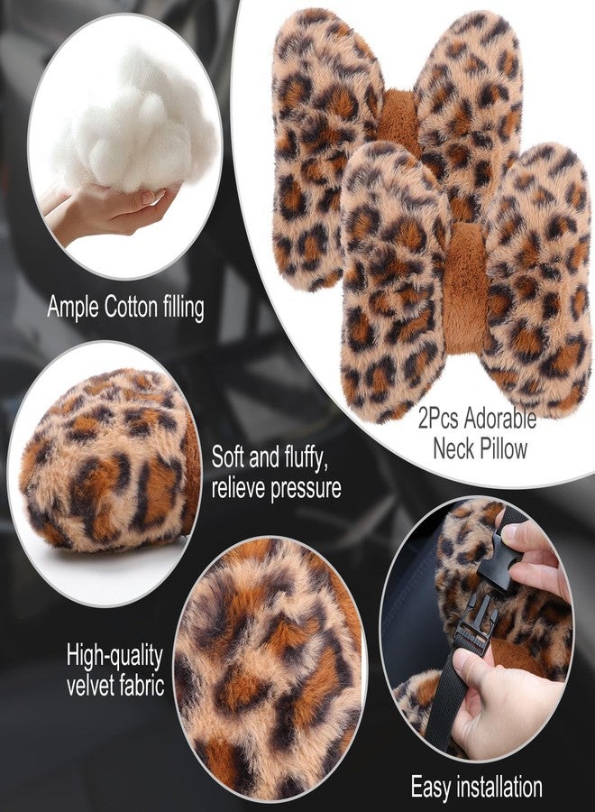 Macarrie 2 Pcs Car Neck Pillow Velvet Bow Headrest Pillow Soft Comfortable Seat Neck Support Cute Bow Car Accessories for Driving Travel Driver Chair Girl Style Interior Decor (Leopard) - Image 4