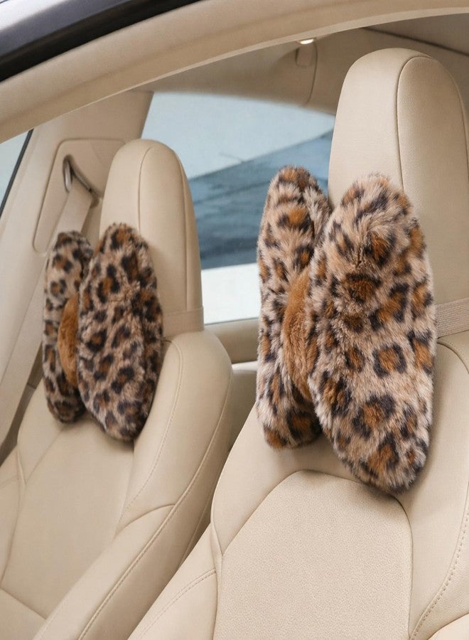 Macarrie 2 Pcs Car Neck Pillow Velvet Bow Headrest Pillow Soft Comfortable Seat Neck Support Cute Bow Car Accessories for Driving Travel Driver Chair Girl Style Interior Decor (Leopard) - Image 1
