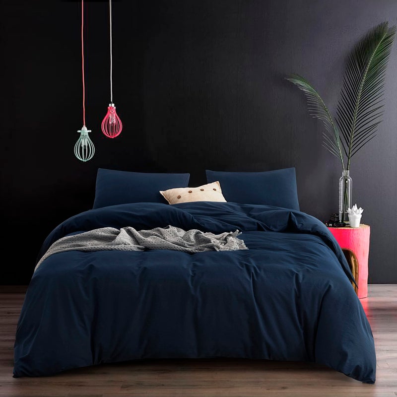 ECOCOTT Navy Blue Duvet Cover Oversized Queen Size  100% Washed Cotton 3-Piece Bedding Set - Ultra Soft  Breathable & Easy Care with Zipper Closure and 2 Pillowcases  Luxury Hotel Quality - Image 1