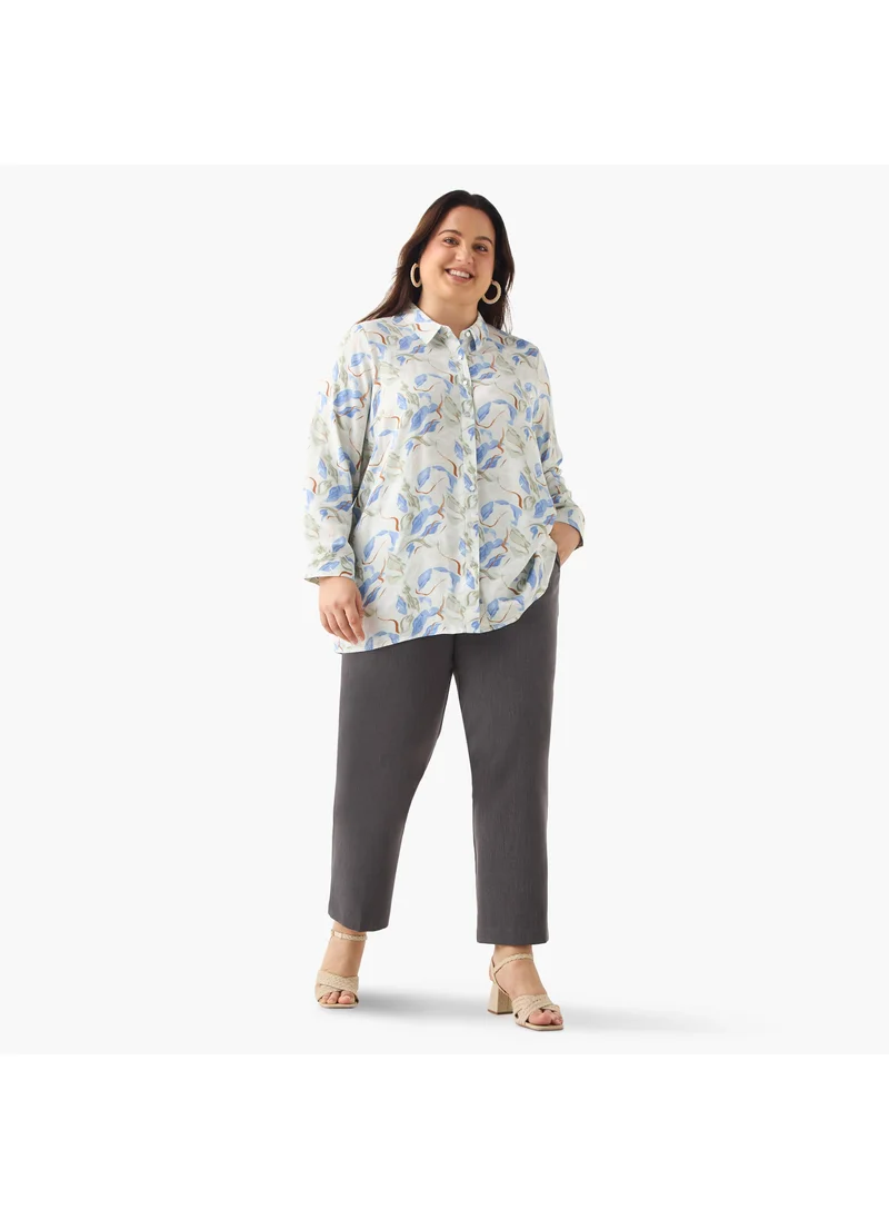Ulla Popken Plus Size Ulla Popken Printed Shirt with Collar and Long Sleeves