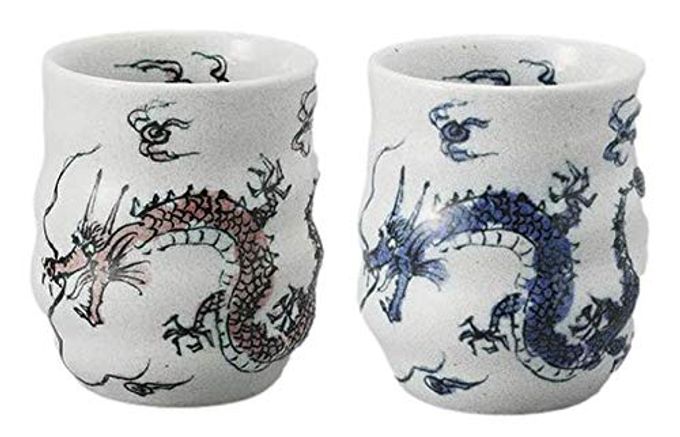 JAPANESE SUSHI YUNOMI TEA CUPS 947 ONCES AUTHENTIC DRAGON RED AND BLUE FOR HOT GREEN TEA MATCHA TEA BANCHA SET OF 2 FROM JAPAN