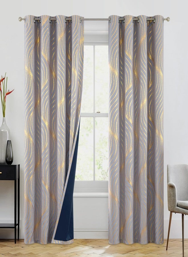 Xwincel 100% Blackout Curtains for Bedroom, Grey Gold Wave Line Dot Curtains 84 Inches Long, Metallic Gold Patterned Drapes Living Room Darkening Thermal Insulated Grommet Window Curtains 2 Panels - Image 2