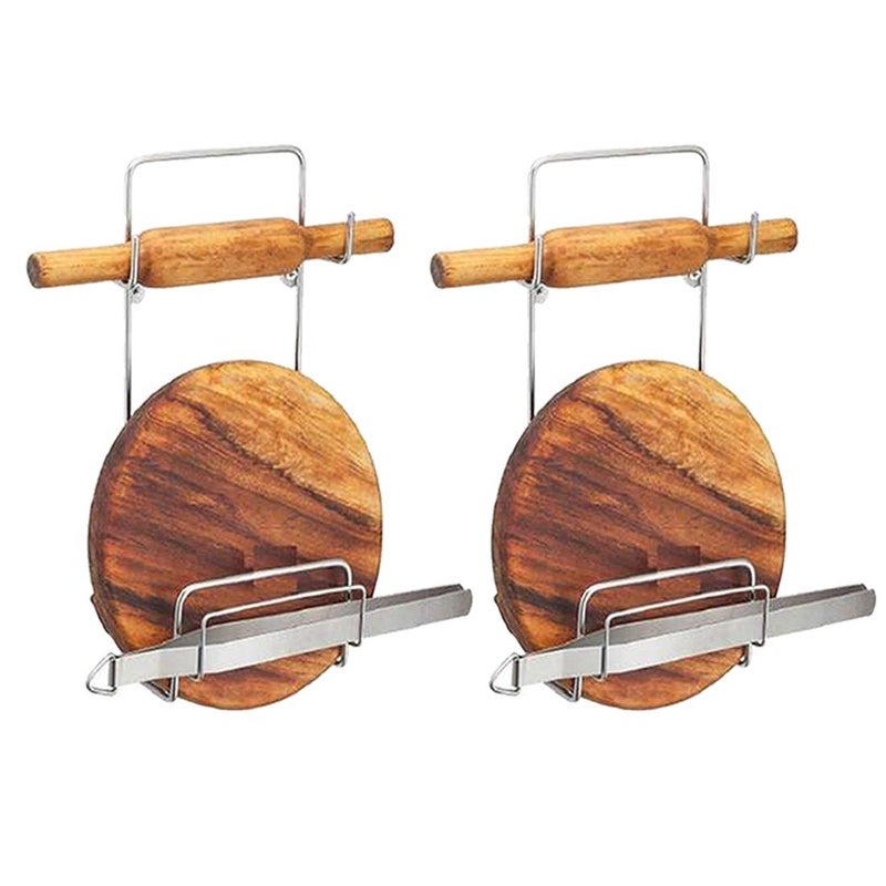 DreamBasket Stainless Steel Wall Mounted Chakla Belan Stand for Kitchen Silver Pack of 2  - Image 1