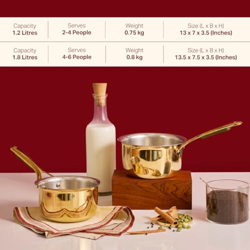 P-TAL P•TAL Brass Saucepan 1.2L with Insulated Heat-Resistant Handle | 100% Pure Brass Tin Coated Tea Pan | Chemical-Free and Non-Stick (Free 30ml Copper & Brasss Cleaning Solution) - Image 2