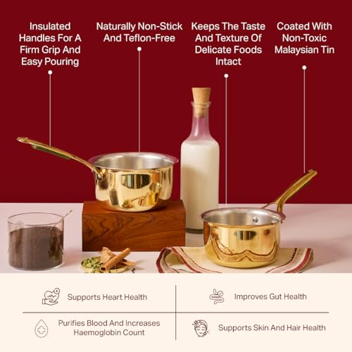 P-TAL P•TAL Brass Saucepan 1.2L with Insulated Heat-Resistant Handle | 100% Pure Brass Tin Coated Tea Pan | Chemical-Free and Non-Stick (Free 30ml Copper & Brasss Cleaning Solution) - Image 3