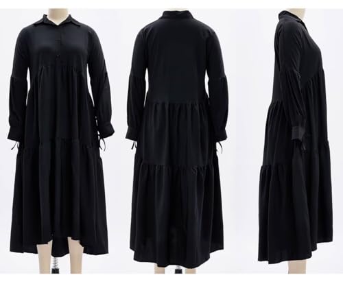 Ekaliy Women's Elegant Long Sleeve Button Down Loose Shirt Dress Long Maxi Pleated Dress Black XL - Image 5