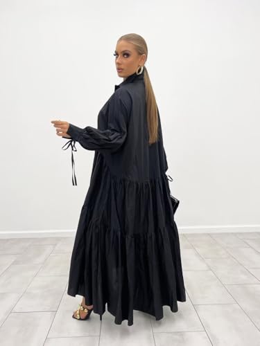 Ekaliy Women's Elegant Long Sleeve Button Down Loose Shirt Dress Long Maxi Pleated Dress Black XL - Image 3