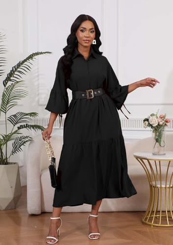 Ekaliy Women's Elegant Long Sleeve Button Down Loose Shirt Dress Long Maxi Pleated Dress Black XL - Image 4