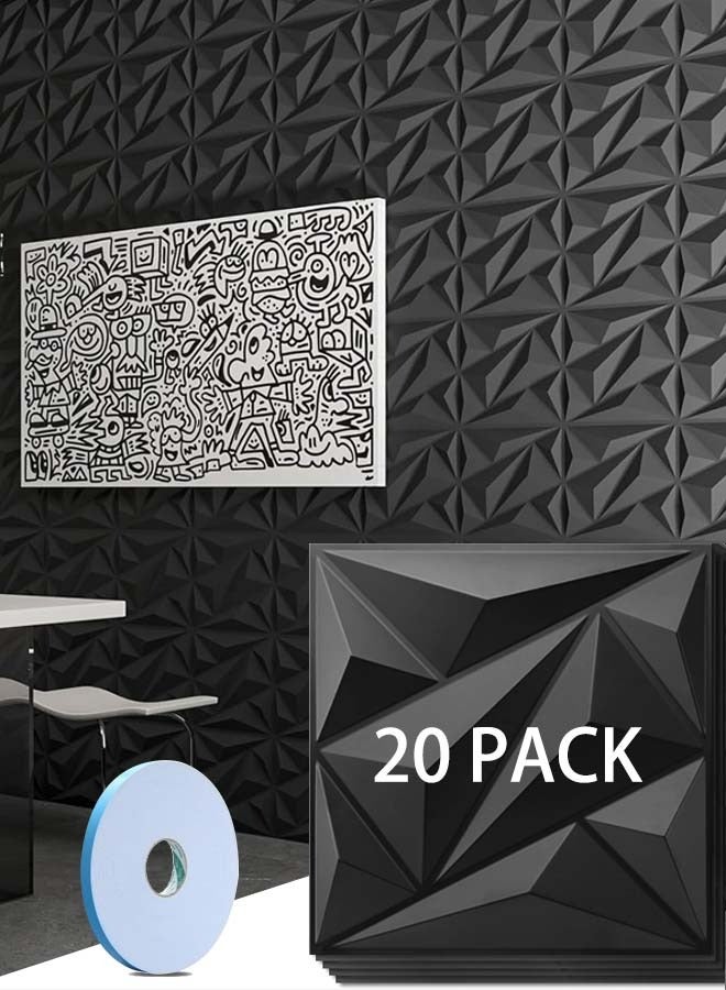 Tiokkss Wallpanels 20 Pack 3D Wall Panel Diamond for Interior Wall Décor, PVC Flower Textured Wall Panels for Living Room Lobby Bedroom Hotel Office, Black, 12''x12'' Cover 32.Sq.Ft. - Image 1