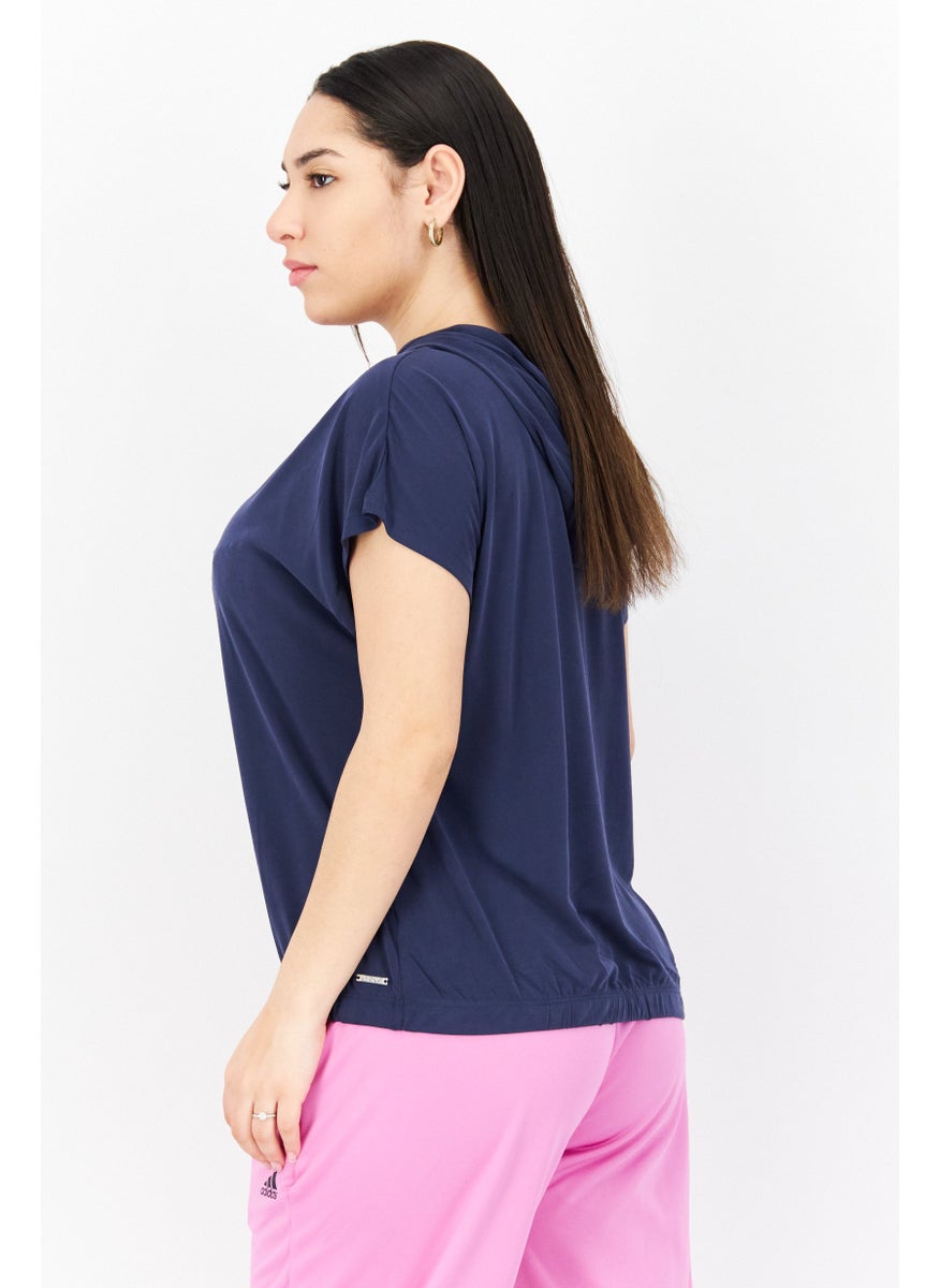 Marc New York Women Hooded Neck Short Sleeve Plain Top, Navy  - Image 4
