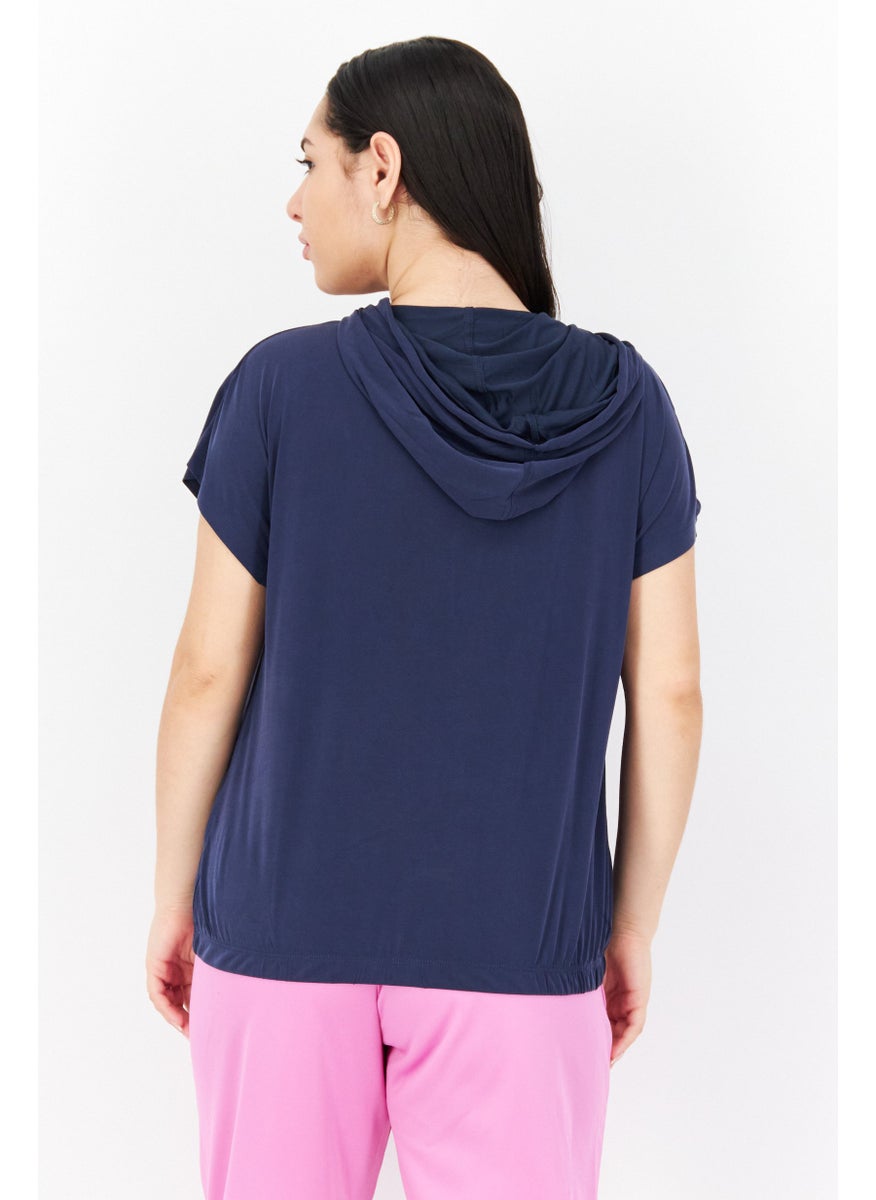 Marc New York Women Hooded Neck Short Sleeve Plain Top, Navy  - Image 2