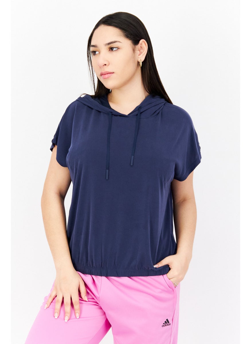 Marc New York Women Hooded Neck Short Sleeve Plain Top, Navy  - Image 1