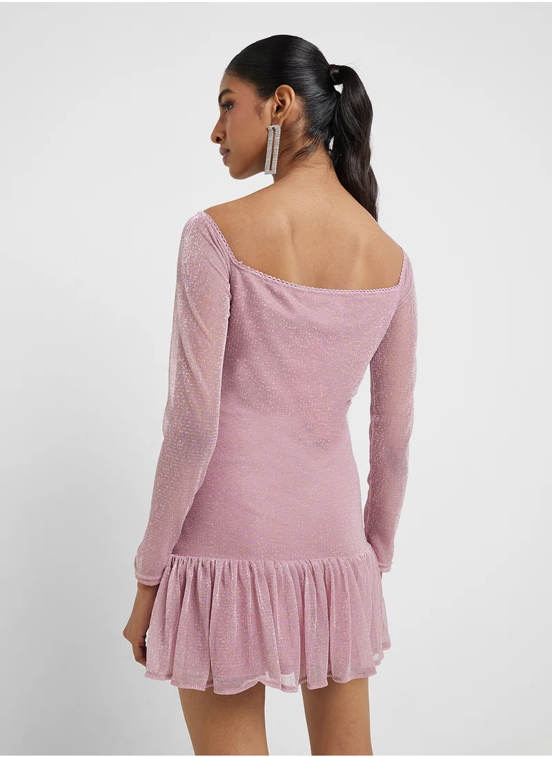 جديد روز Pleated Long Sleeve Square Neck Mini Dress
