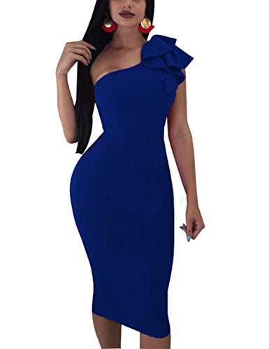 Mokoru Women's Sexy Ruffle One Shoulder Bodycon Elegant Cocktail Party Midi Dresses, Medium, Dark Blue - Image 1